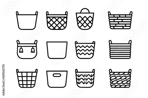 Stylish Basket Icons. Outline icon set of stylish home baskets: minimalist basket, Scandinavian weave, modern