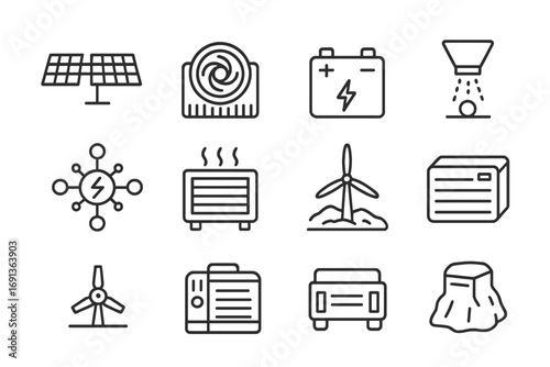 Space Energy Icon Set. Outline icon set of Space energy concepts: solar farm, fusion reactor, battery module,