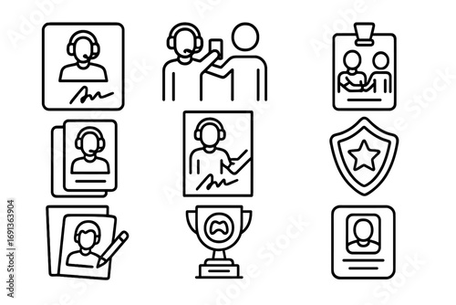 Esports Fan Icon Set. Outline icon set of Esports fan engagement items: autograph, selfie, meet-and-greet pass