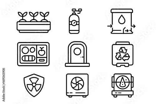 Extraterrestrial Life Support Icons. Outline icon set of Extraterrestrial life support: hydroponic farm,