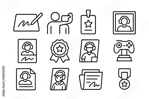 Esports Fan Icon Set. Outline icon set of Esports fan engagement items: autograph, selfie, meet-and-greet pass