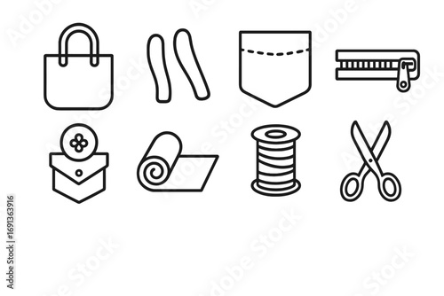 DIY Tote Bags Icons. Outline icon set of DIY tote bags: fabric bag, handle straps, pocket, zipper, button