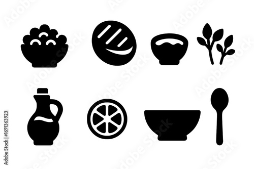 Snack Dish Icons. Solid, filled icon set of snack dishes: fava bean salad, pita bread, dipping sauce, herbs, olive oil, lemon