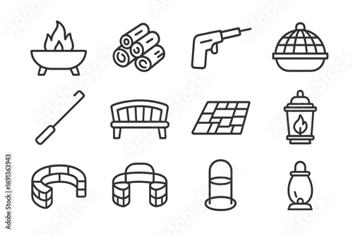 Fire Pit Installation Icons. Outline icon set of Installing an outdoor fire pit: fire pit bowl, firewood stack