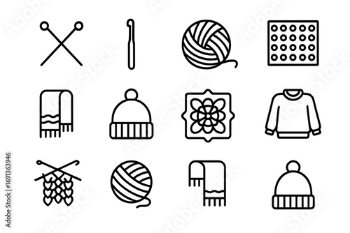 Knitting Icons Grid. Outline icon set of knitting and crochet: knitting needles, crochet hook, yarn ball,