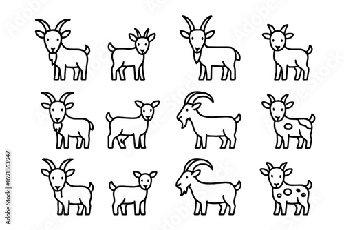 Goat Breeds Icons. Outline icon set of goat breeds: horned goat, pygmy goat, alpine goat, kid goat, bearded