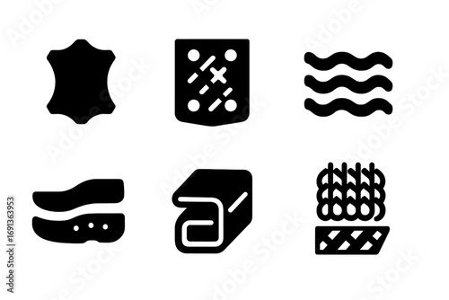 Sneaker Materials Icons. Solid, filled icon set of sneaker materials: leather, mesh, rubber sole, foam midsole, synthetic fabric,