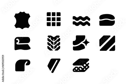 Sneaker Materials Icons. Solid, filled icon set of sneaker materials: leather, mesh, rubber sole, foam midsole, synthetic fabric,