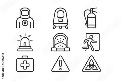 Space Safety Icons. Outline icon set of Space colonization safety: radiation suit, emergency pod, fire