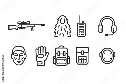 Sniper Gear Icons. Outline icon set of sniper rifle tactical gear: ghillie suit, radio, ear protection, face paint, gloves,