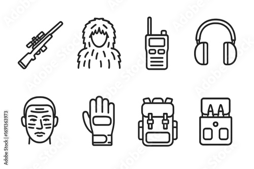 Sniper Gear Icons. Outline icon set of sniper rifle tactical gear: ghillie suit, radio, ear protection, face paint, gloves,