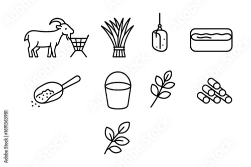 Goat Feeding Icons. Outline icon set of goat feeding: hay feeder, grass bundle, salt lick, water trough, grain