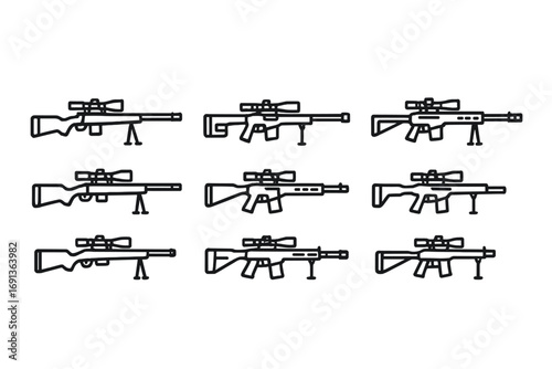 Sniper Rifle Icons. Outline icon set of sniper rifle types: bolt-action sniper rifle, semi-automatic sniper rifle, anti-materiel