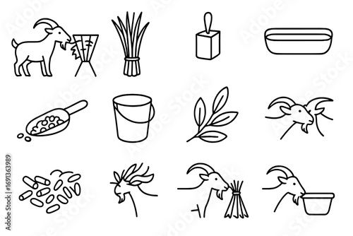Goat Feeding Icons. Outline icon set of goat feeding: hay feeder, grass bundle, salt lick, water trough, grain