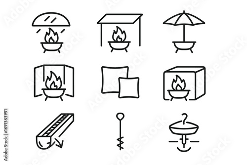 Fire Pit Protective Icons. Outline icon set of Fire pit weather protection: rain cover, waterproof tarp,