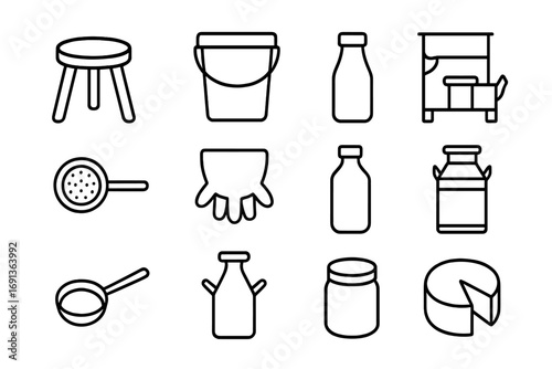 Goat Milking Essentials. Outline icon set of goat milking: stool, metal pail, udder, milking stand, strainer,