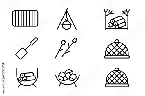 Fire Pit Accessories Icons. Outline icon set of Fire pit accessories: grill grate, cooking tripod, marshmallow