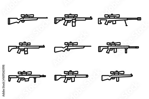 Sniper Rifle Icons. Outline icon set of sniper rifle types: bolt-action sniper rifle, semi-automatic sniper rifle, anti-materiel