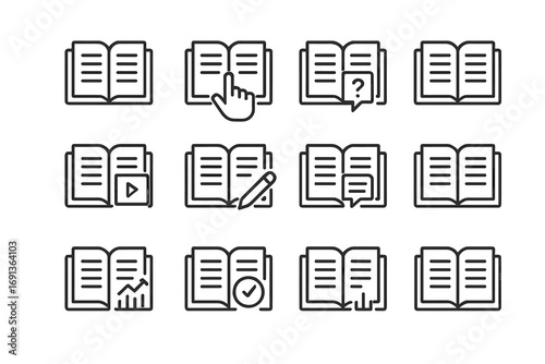 Interactive Textbook Icons. Outline icon set of Interactive textbooks: e-book, touchscreen, quiz module, video