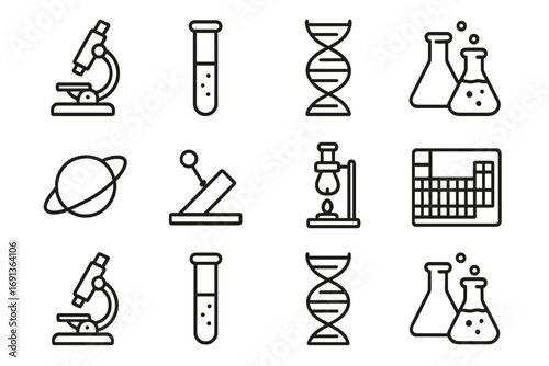 Science Icons Grid. Outline icon set of Science interactive textbooks: microscope, test tube, DNA helix,