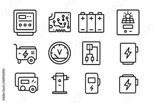 Moon Base Power Icons. Outline icon set of Moon base power management: control panel, circuit board, battery
