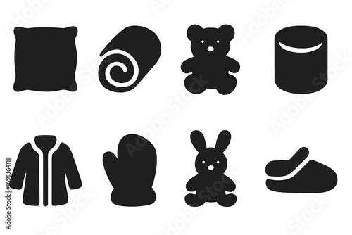 Soft Object Icons. Solid, filled icon set of soft objects: pillow, blanket, teddy bear, marshmallow, fur coat, soft glove, stuffed