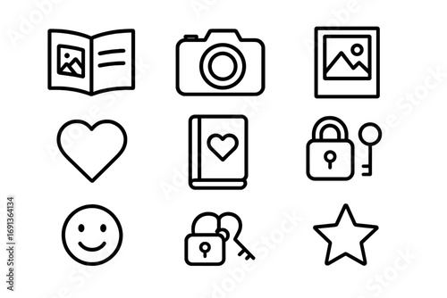 Iconic Memories Set. Outline icon set of cherished memories: photo album, camera, polaroid frame, heart, diary