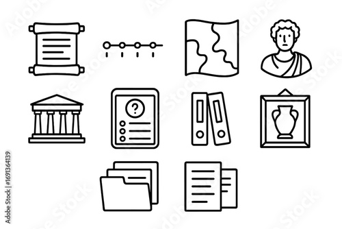 Historical Icons Grid. Outline icon set of History interactive textbooks: ancient scroll, timeline, map
