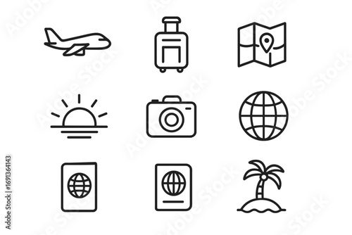 Travel Sunset Icons. Outline icon set of travel sunsets: airplane, luggage, map, sun horizon, camera, globe,