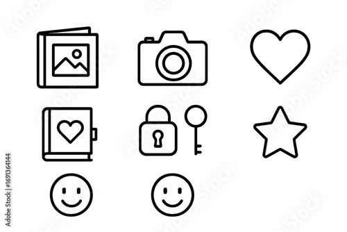 Iconic Memories Set. Outline icon set of cherished memories: photo album, camera, polaroid frame, heart, diary