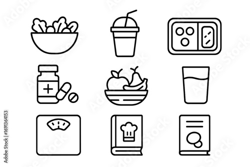 Nutrition Icon Grid. Outline icon set of Nutrition and diet: salad bowl, smoothie, meal prep container,