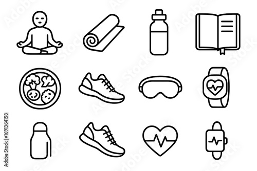 Wellness Icons Grid. Outline icon set of Personal wellness goals: meditation, yoga mat, water bottle, journal,