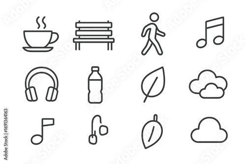 Mindful Break Icons. Outline icon set of mindful breaks: tea cup, park bench, walking person, music note,