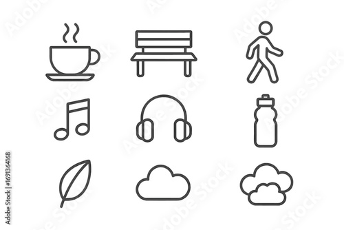Mindful Break Icons. Outline icon set of mindful breaks: tea cup, park bench, walking person, music note,