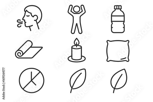 Stress Relief Icons. Outline icon set of stress relief: breathing icon, stretching figure, water bottle, yoga