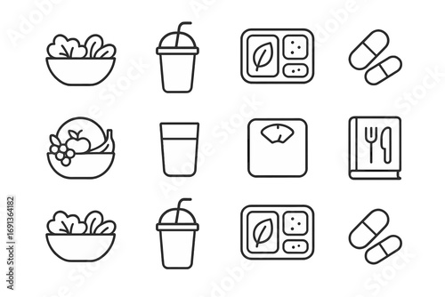 Nutrition Icon Grid. Outline icon set of Nutrition and diet: salad bowl, smoothie, meal prep container,