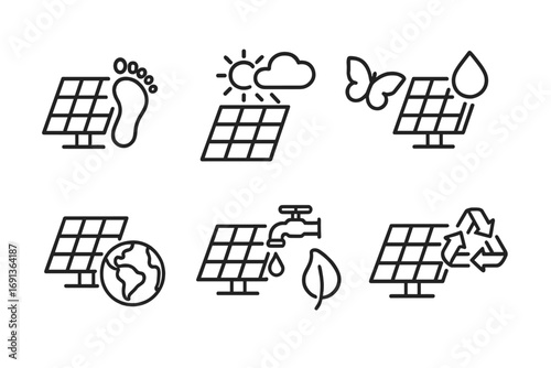 Solar Benefits Icons. Outline icon set of solar panel environmental benefits: carbon footprint, clean air, wildlife protection,