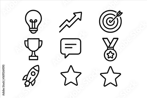 Motivation Icon Set. Outline icon set of Mindset and motivation: light bulb, upward arrow, target, trophy,