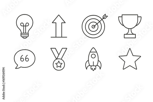 Motivation Icon Set. Outline icon set of Mindset and motivation: light bulb, upward arrow, target, trophy,