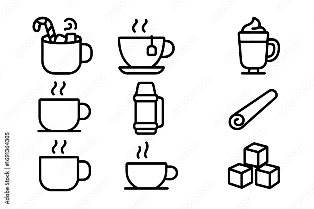 Winter Beverage Icons. Outline icon set of Winter beverages: hot chocolate, tea cup, coffee cup, latte, cocoa