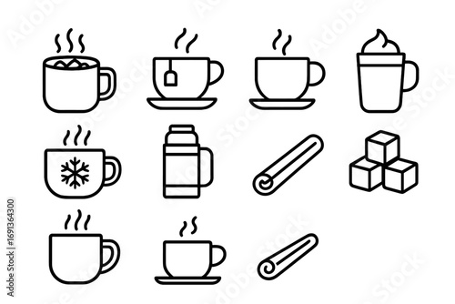 Winter Beverage Icons. Outline icon set of Winter beverages: hot chocolate, tea cup, coffee cup, latte, cocoa