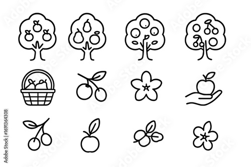 Fruit Tree Icon Set. Outline icon set of fruit-bearing trees: apple tree, pear tree, orange tree, cherry tree,
