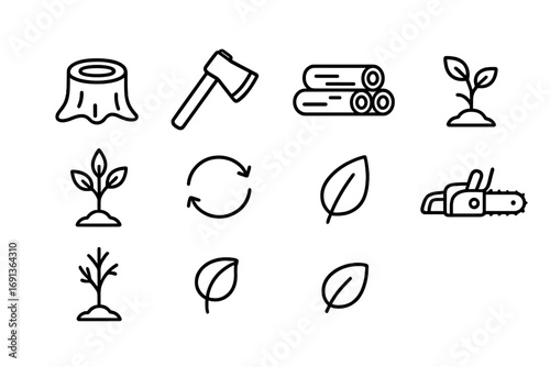 Deforestation Icon Set. Outline icon set of deforestation and regrowth: cut tree stump, axe, pile of logs,