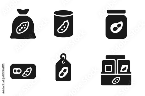 Soybean Packaging Icons. Solid, filled icon set of soybean packaging: sack of soybeans, canned soy milk, glass jar, paper bag, tin