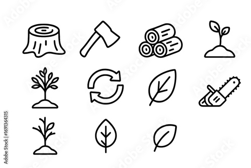 Deforestation Icon Set. Outline icon set of deforestation and regrowth: cut tree stump, axe, pile of logs,