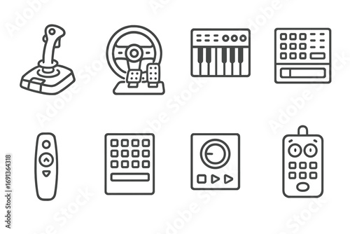 Specialized Controller Icons. Outline icon set of specialized controllers: flight simulator joystick, steering wheel with pedals,