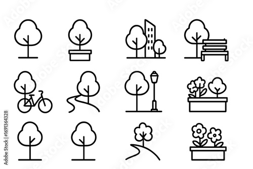 Urban Tree Icons. Outline icon set of urban trees: street tree, planter box, city skyline, park bench, bicycle