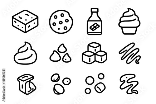 Dessert Icon Set. Outline icon set of Dessert hot chocolate: brownie, cookie, chocolate syrup, ice cream,