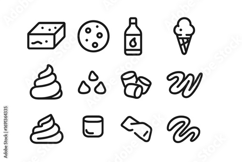 Dessert Icon Set. Outline icon set of Dessert hot chocolate: brownie, cookie, chocolate syrup, ice cream,