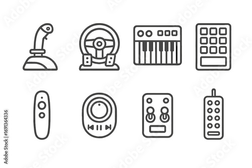 Specialized Controller Icons. Outline icon set of specialized controllers: flight simulator joystick, steering wheel with pedals,